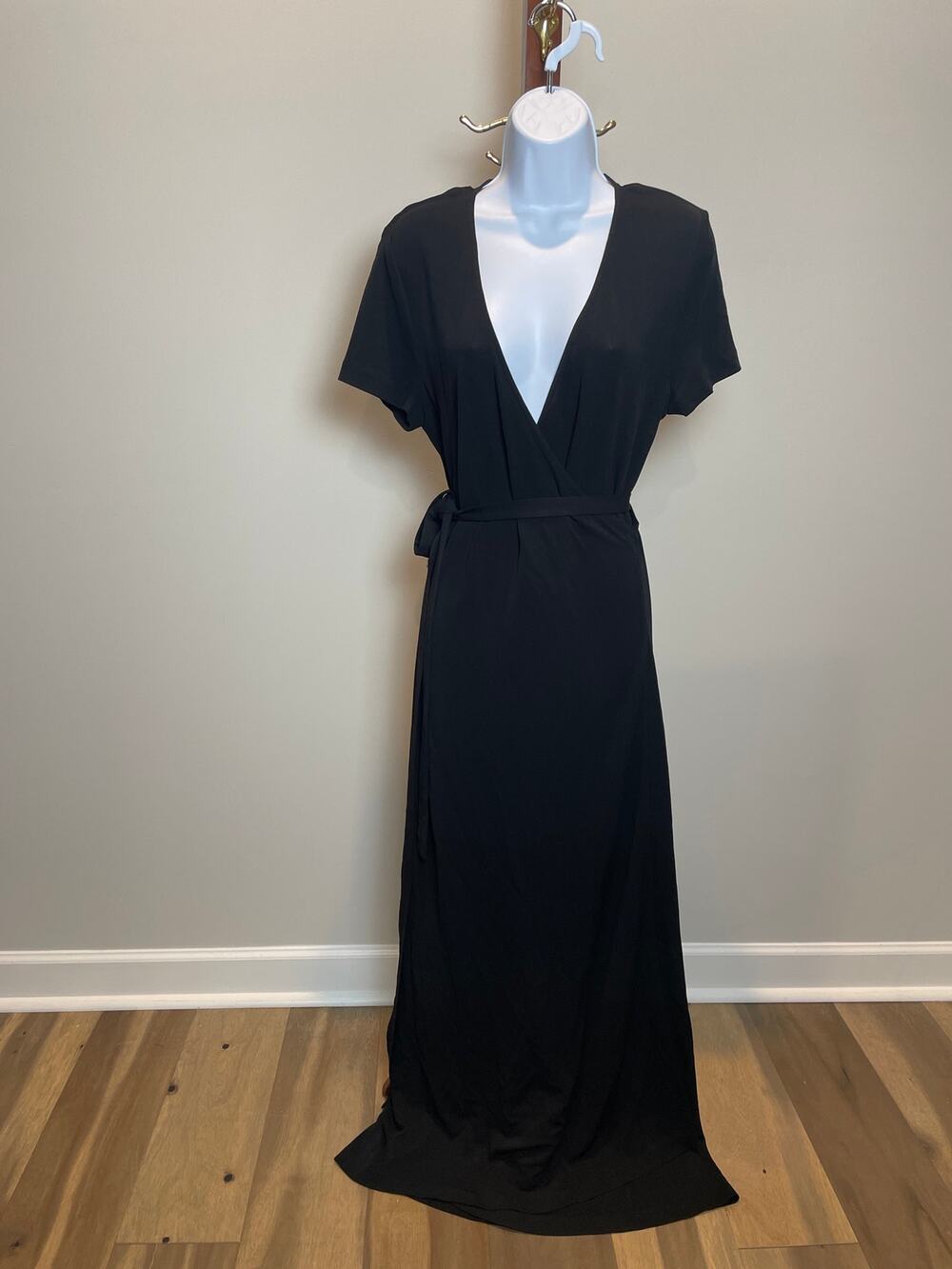 Linda Allard for Ellen Tracy Sz 6 Black Maxi Wrap Dress Short Sleeve Made in USA
